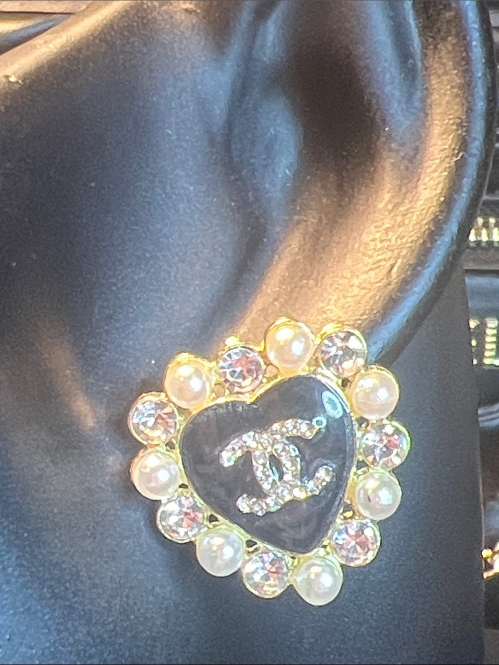 Gold-Tone Heart Earrings with Black Enamel, Pearls & Crystals - Picture 3 of 7
